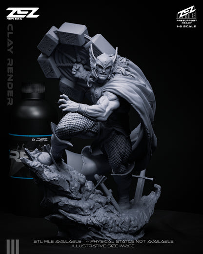 Thor God of Thunder 1:6 scale gray render figure, armored Norse deity posed mid-strike on jagged stone base with embedded weapons