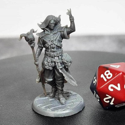 Dark Wizard miniature in sleek leather armor holding a skull-topped staff with D&D dice, perfect for Dungeons & Dragons, Pathfinder, Warhammer