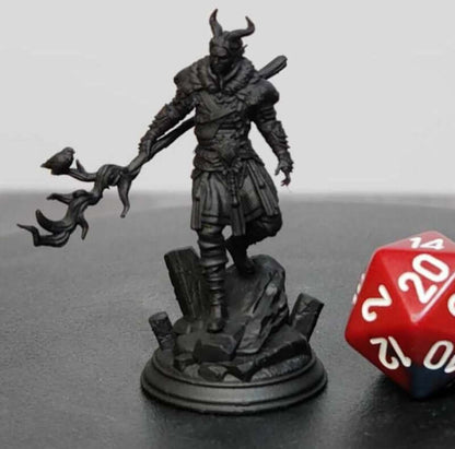 Tiefling Druid Guardian miniatures for Dungeons and Dragons, Pathfinder, and Warhammer TTRPGs on black and white backdrop with d20 die.