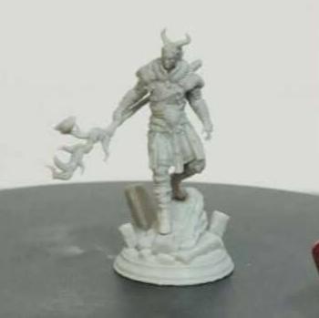 Garyck the Tiefling Druid Guardian miniature for Dungeons and Dragons, Pathfinder, Warhammer, and other TTRPGs displayed with a 10-sided die.