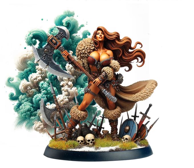 A fierce female barbarian standing triumphantly with a massive double-headed axe. She is adorned in fur-trimmed armor with flowing hair, surrounded by shields, swords, and skulls on a snow-covered battlefield.