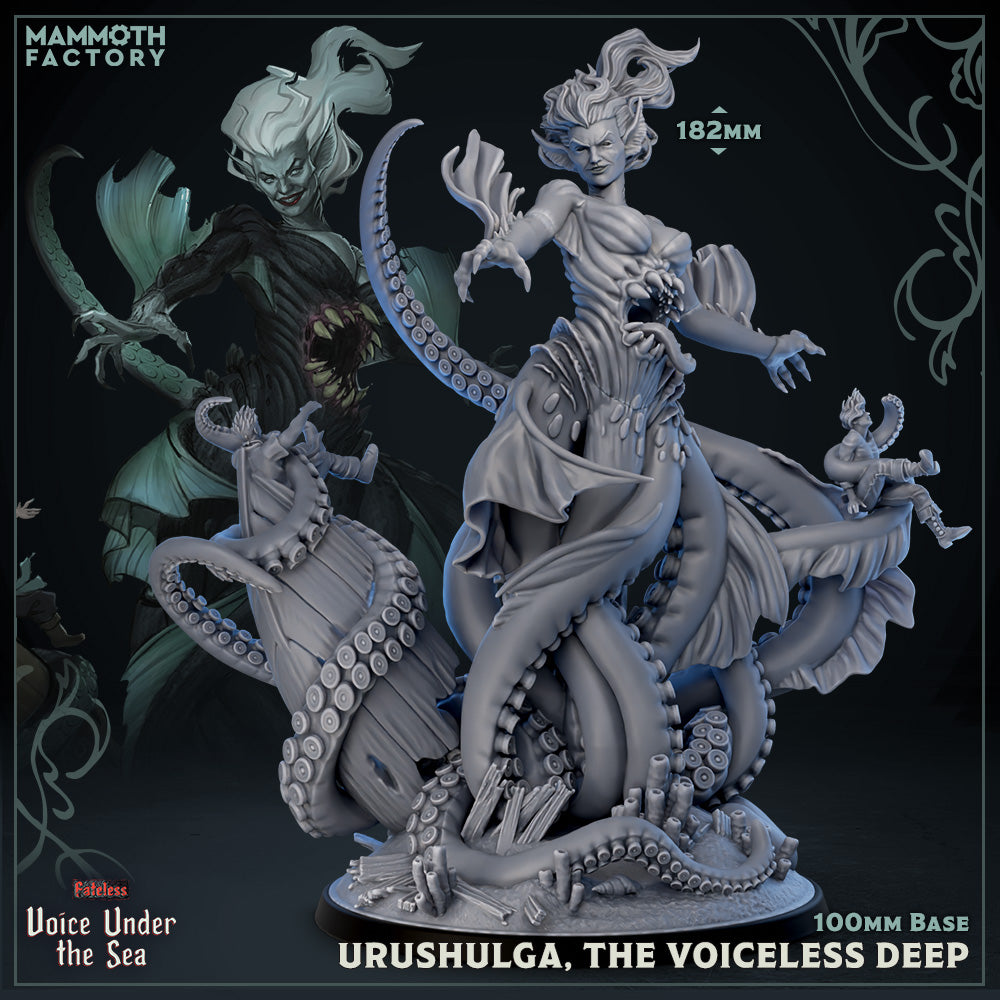 Front view of Urushulga, a large female sea demon with flowing hair, tentacles, and ornate dress, posed with one arm reaching forward and a victim ensnared at her side.