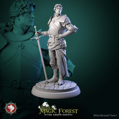 Human knight miniature resting both hands on planted sword, confident command stance armored fighter for Dungeons and Dragons Pathfinder tabletop RPG.