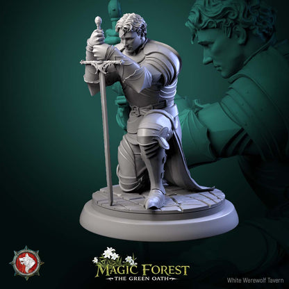 Human fighter miniature kneeling with sword planted before him, oath-taking stance armored knight for Dungeons and Dragons Pathfinder tabletop RPG.