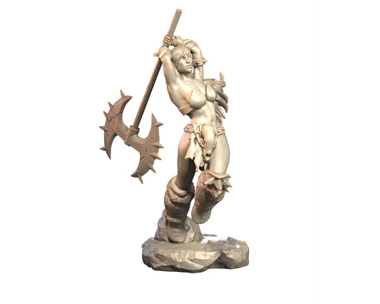 Varka female human barbarian miniature posed with raised double-headed axe and fur boots.