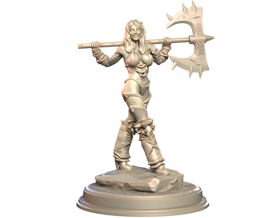 Virela female human barbarian miniature holding spiked axe across shoulders, posed on rocky base.