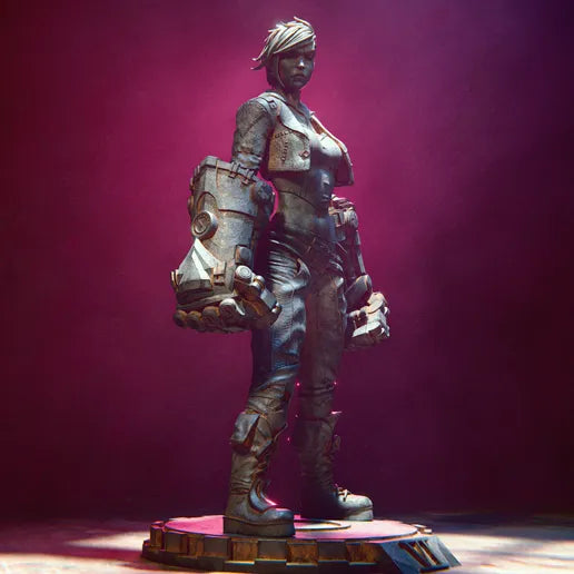 Side view of Vi in a stationary pose, with her gauntlets displayed prominently and her rebellious attitude evident.