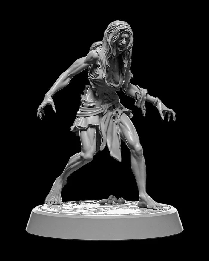 Vampire Spawn miniature, depicted in tattered clothing, crouched and snarling with clawed hands and an aggressive stance.