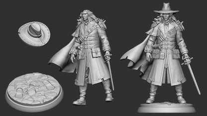 Vampire hunter Gabriel 75mm parts – detailed human monster hunter miniature showing multiple views, detachable hat, and sword, designed for tabletop RPG campaigns.