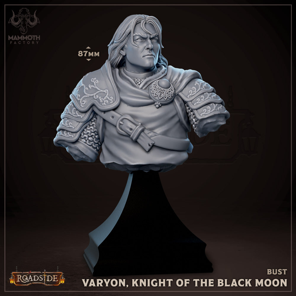 Bust of Varyon, Knight of the Black Moon, showcasing his armored torso, intricate pauldron designs, and a determined expression, ideal for fantasy RPG displays like Pathfinder.