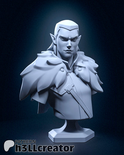 Vax’ildan Vox Machina bust sculpt showing stern expression, elven features, and shoulder mantle