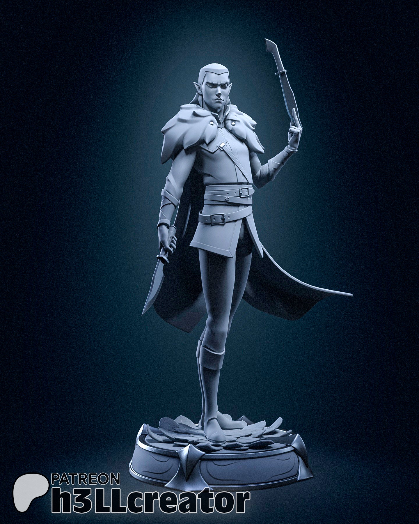 Vax’ildan Vox Machina figure front view holding dual daggers with flowing cloak and tactical armor