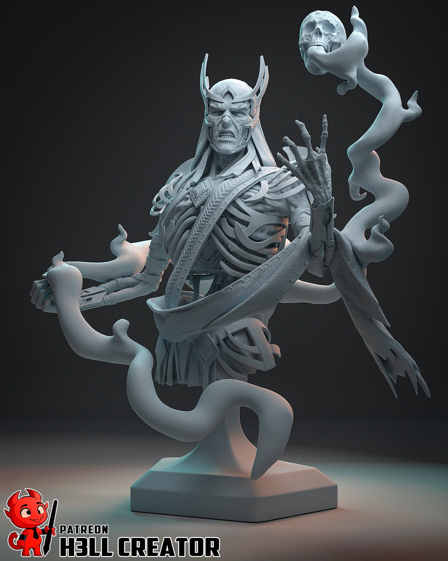 Vecna collectible bust 1:8 scale – skeletal lich with crown and floating skull, tendrils of dark magic wrapping around his form