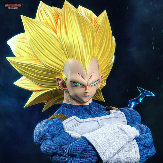 Close-up of SSJ3 Vegeta face with stern expression, crossed arms, spiked hair, and textured blue suit details.