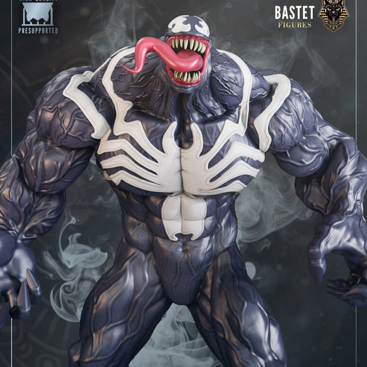 Painted Render: Painted render of Venom in his classic black-and-white symbiote form with tongue extended, standing menacingly on a rocky base.