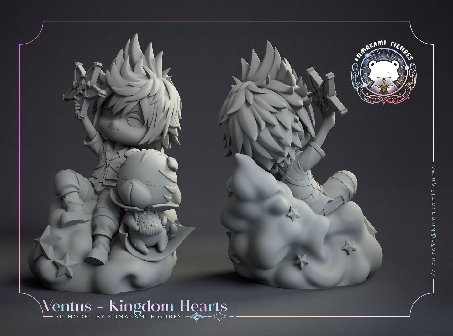 Chibi Ventus Kingdom Hearts gray render front view showing chibi proportions and seated pose