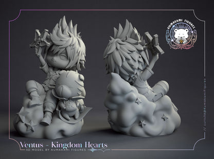 Chibi Ventus Kingdom Hearts gray render front view showing chibi proportions and seated pose