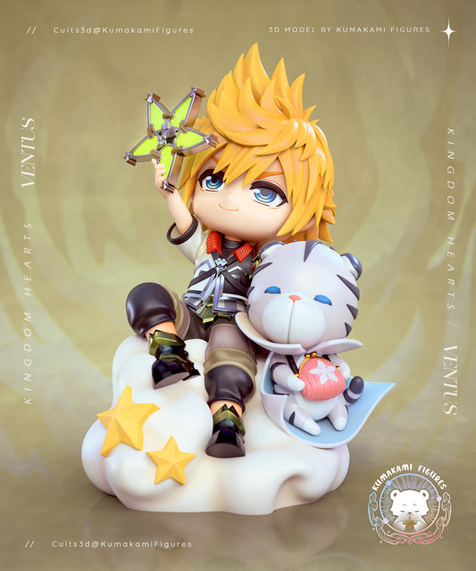 Chibi Ventus Kingdom Hearts figure seated on cloud base holding Wayfinder star with Dream Eater companion