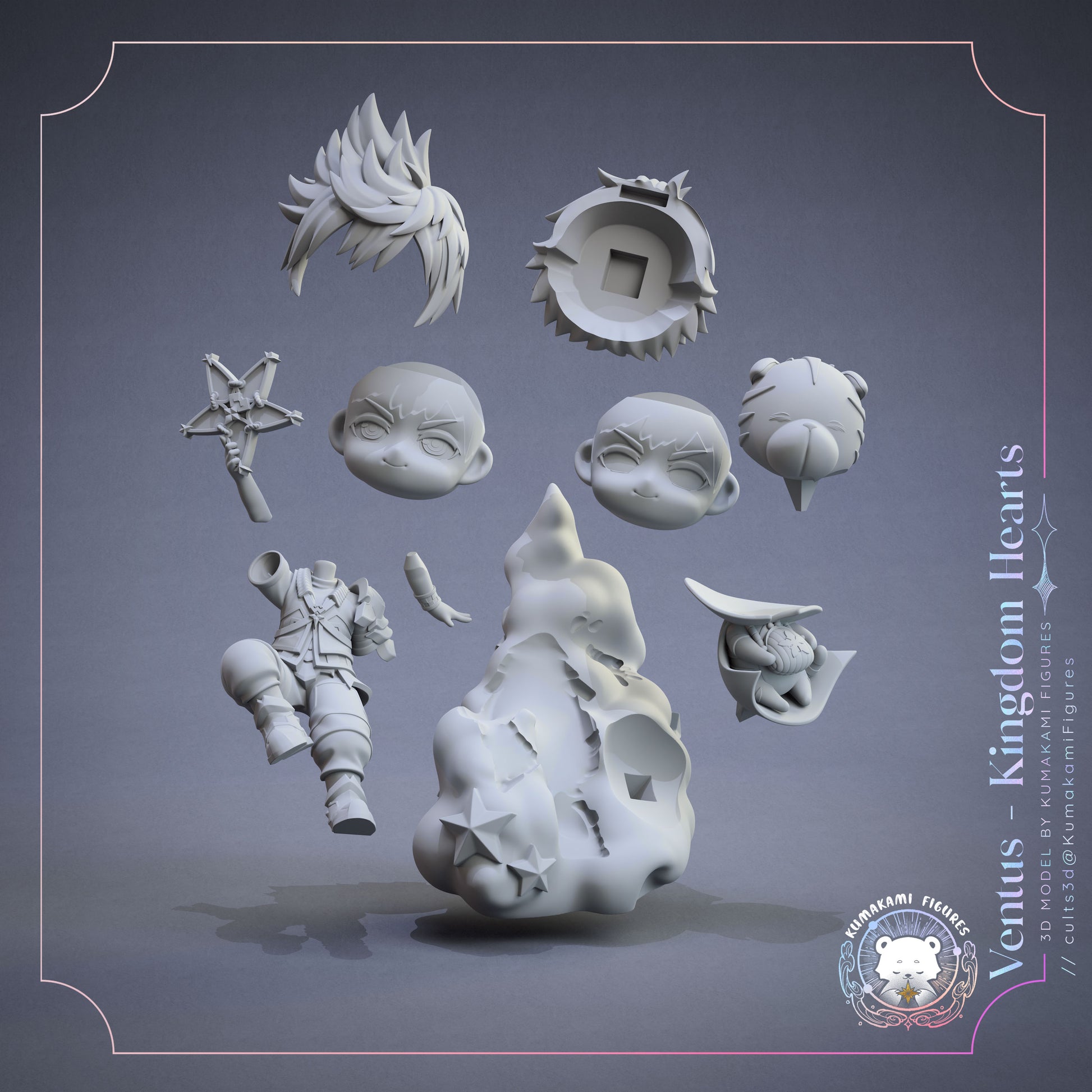 Chibi Ventus Kingdom Hearts figure parts layout showing head options hair pieces body base and accessories