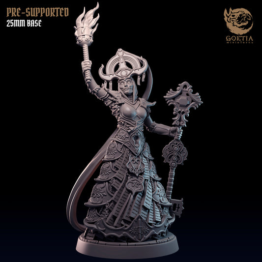 Knowledge Bearer Vessel of Truth human cleric miniature wearing layered scripture robes and ceremonial armor, holding a torch aloft and a reliquary staff, religious spellcasting stance, Dungeons and Dragons fantasy tabletop miniature
