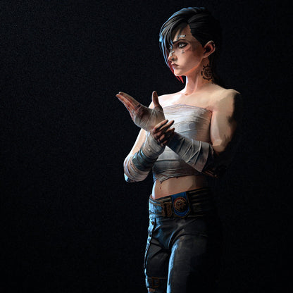 Vi Arcane 1:8 scale figure depicted in underground fighting-pit style pose with wrapped hands, cropped bandaged top, short undercut hairstyle, facial markings, torn pants, and confident brawler stance inspired by her early fight scenes in Arcane. Collectible figure and bust version.