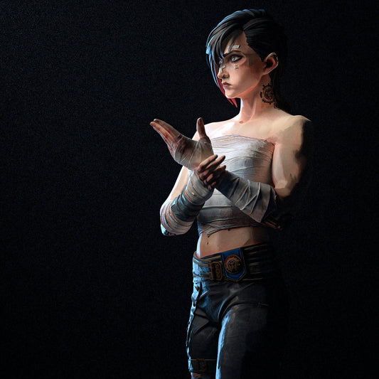 Vi Arcane 1:8 scale figure depicted in underground fighting-pit style pose with wrapped hands, cropped bandaged top, short undercut hairstyle, facial markings, torn pants, and confident brawler stance inspired by her early fight scenes in Arcane. Collectible figure and bust version.