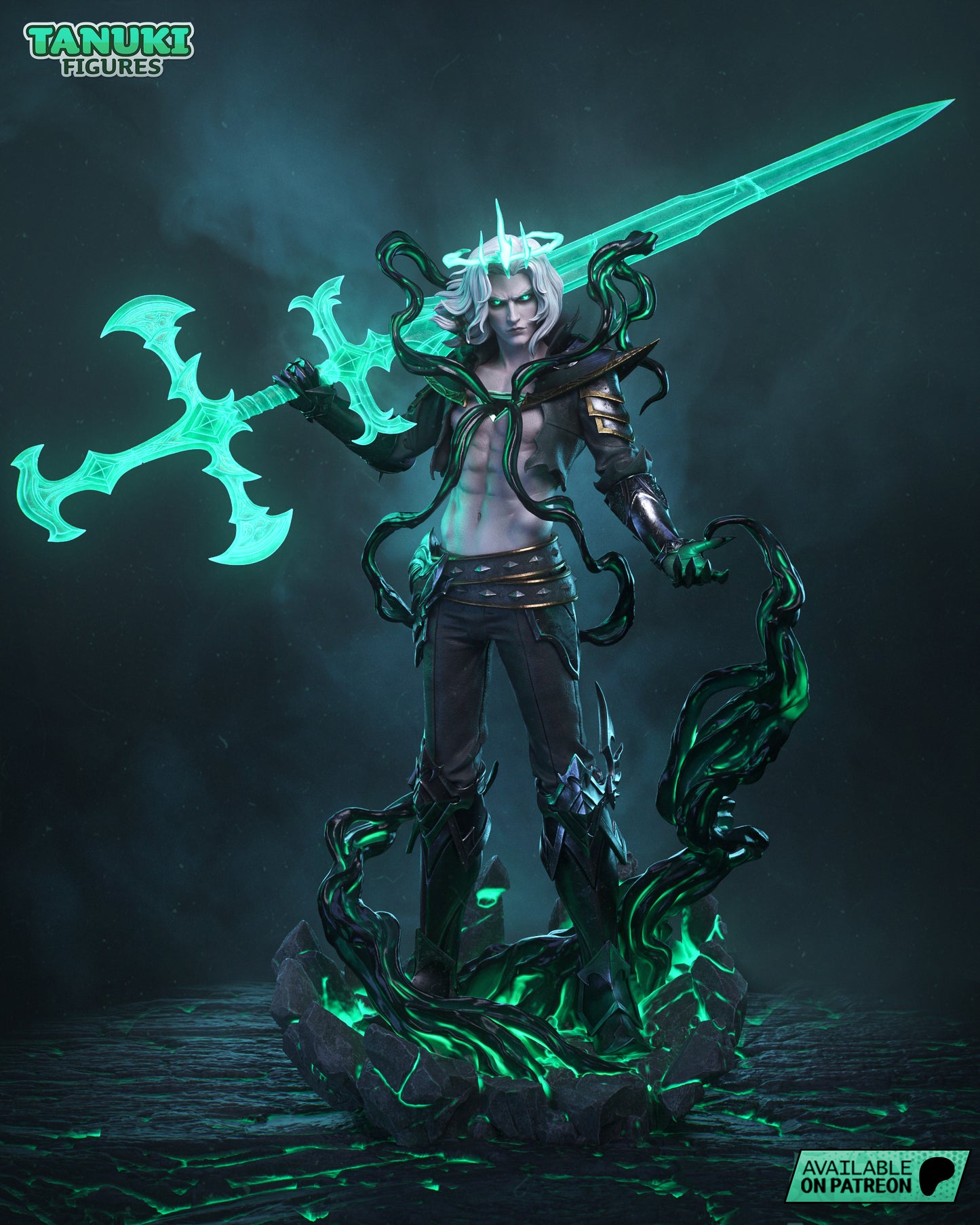 Viego full figure posed dramatically with glowing spectral sword, black mist tendrils, and standing atop a cracked, energy-infused base.