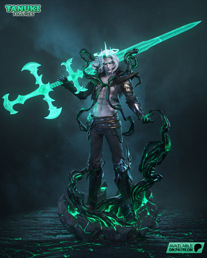 Viego full figure posed dramatically with glowing spectral sword, black mist tendrils, and standing atop a cracked, energy-infused base.
