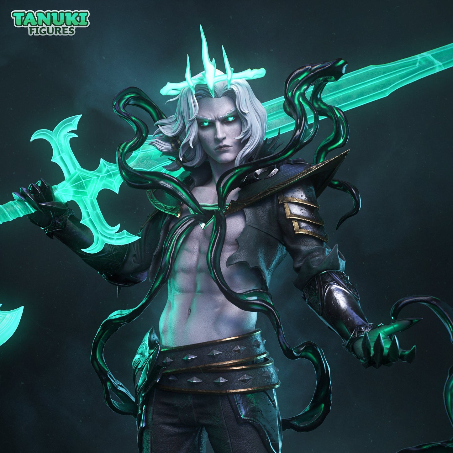 Close up - view of Viego showing intense facial expression, glowing eyes, long hair, and ornate armor wrapped in shadowy tendrils.