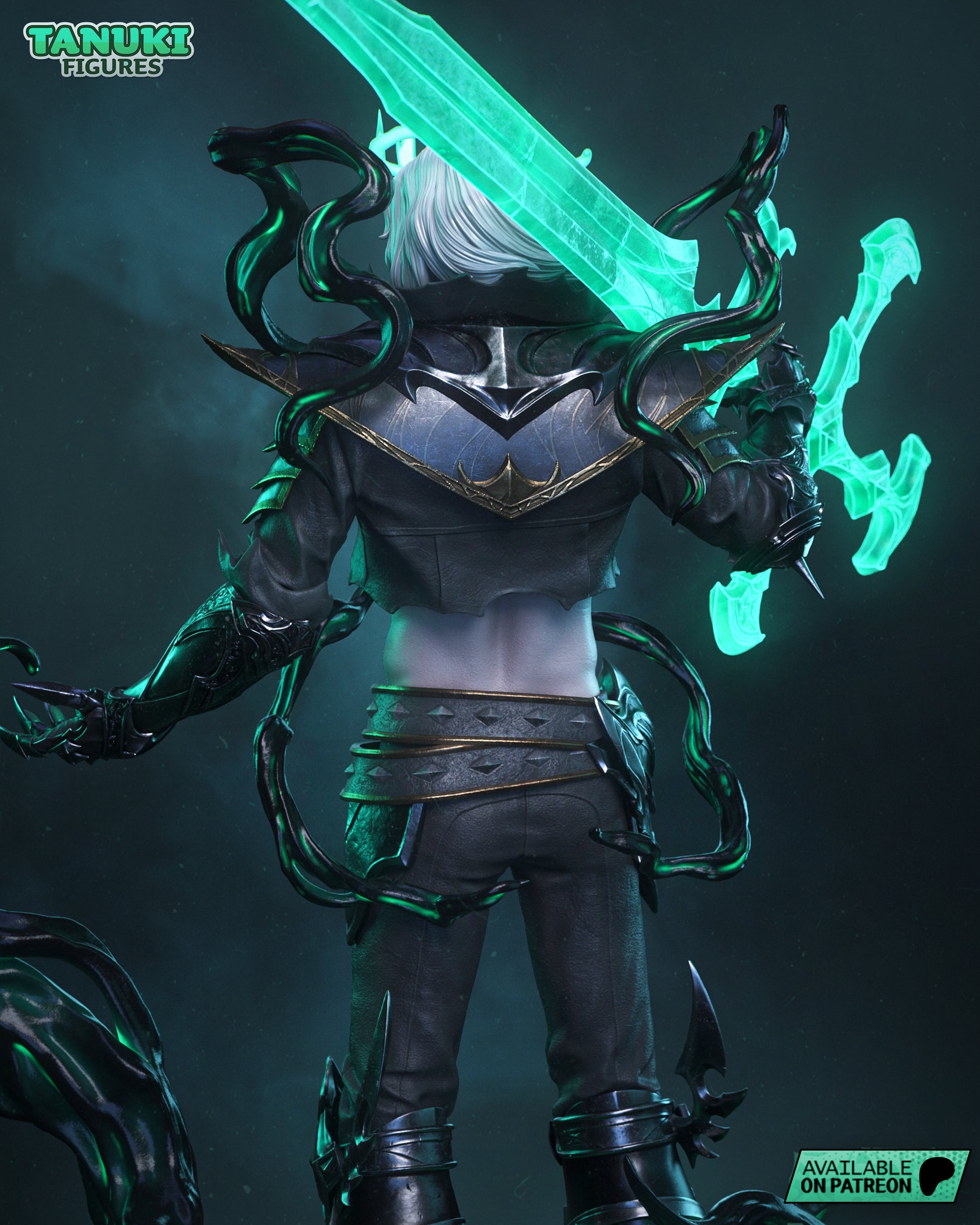 Rear view of Viego figure showing detailed armor, white flowing hair, and sword extending behind him, with black mist elements rising.