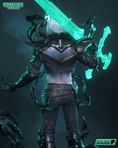Rear view of Viego figure showing detailed armor, white flowing hair, and sword extending behind him, with black mist elements rising.