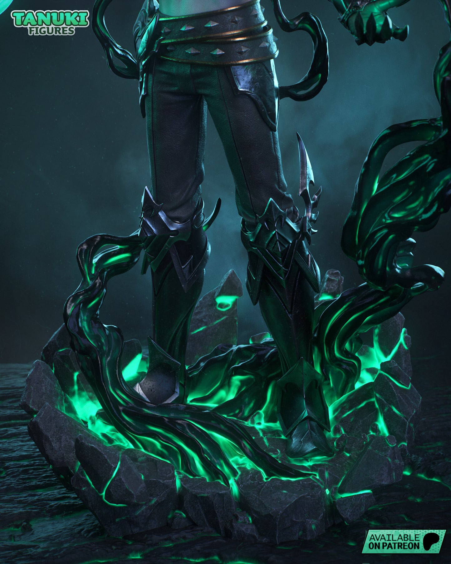 Close-up of the figure’s base showing cracked rock, glowing green energy, and armored boots surrounded by black mist tendrils.