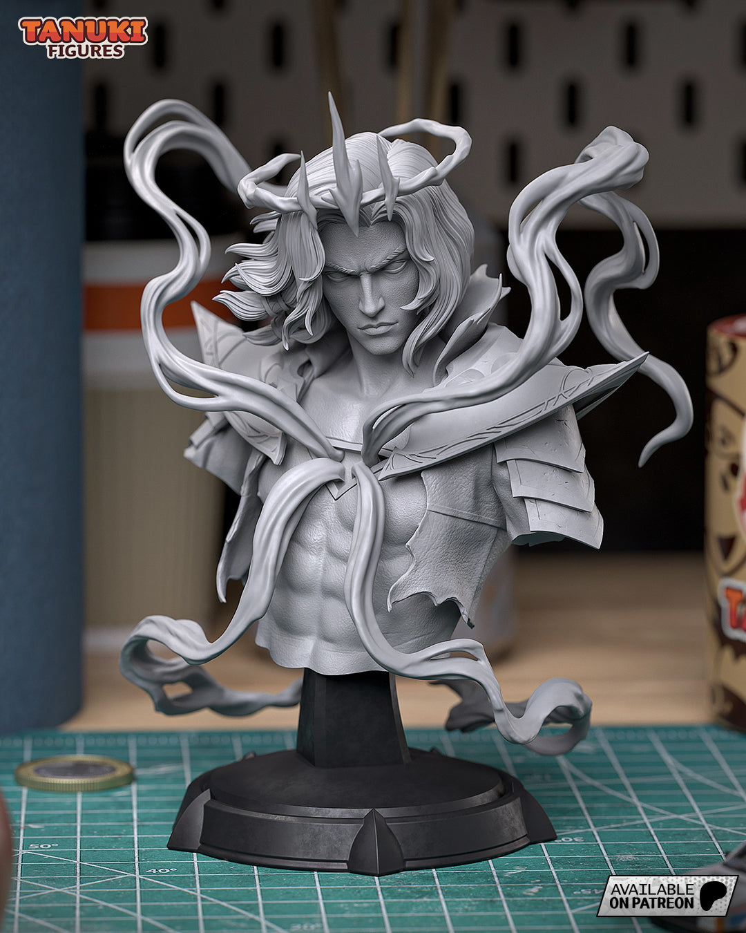 Unpainted 1:6 scale Viego bust featuring detailed sculpting of hair, mist, and armor with dramatic pose, displayed on a round base.