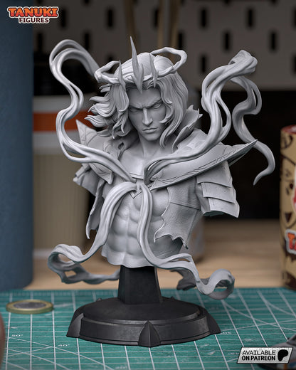 Unpainted 1:6 scale Viego bust featuring detailed sculpting of hair, mist, and armor with dramatic pose, displayed on a round base.