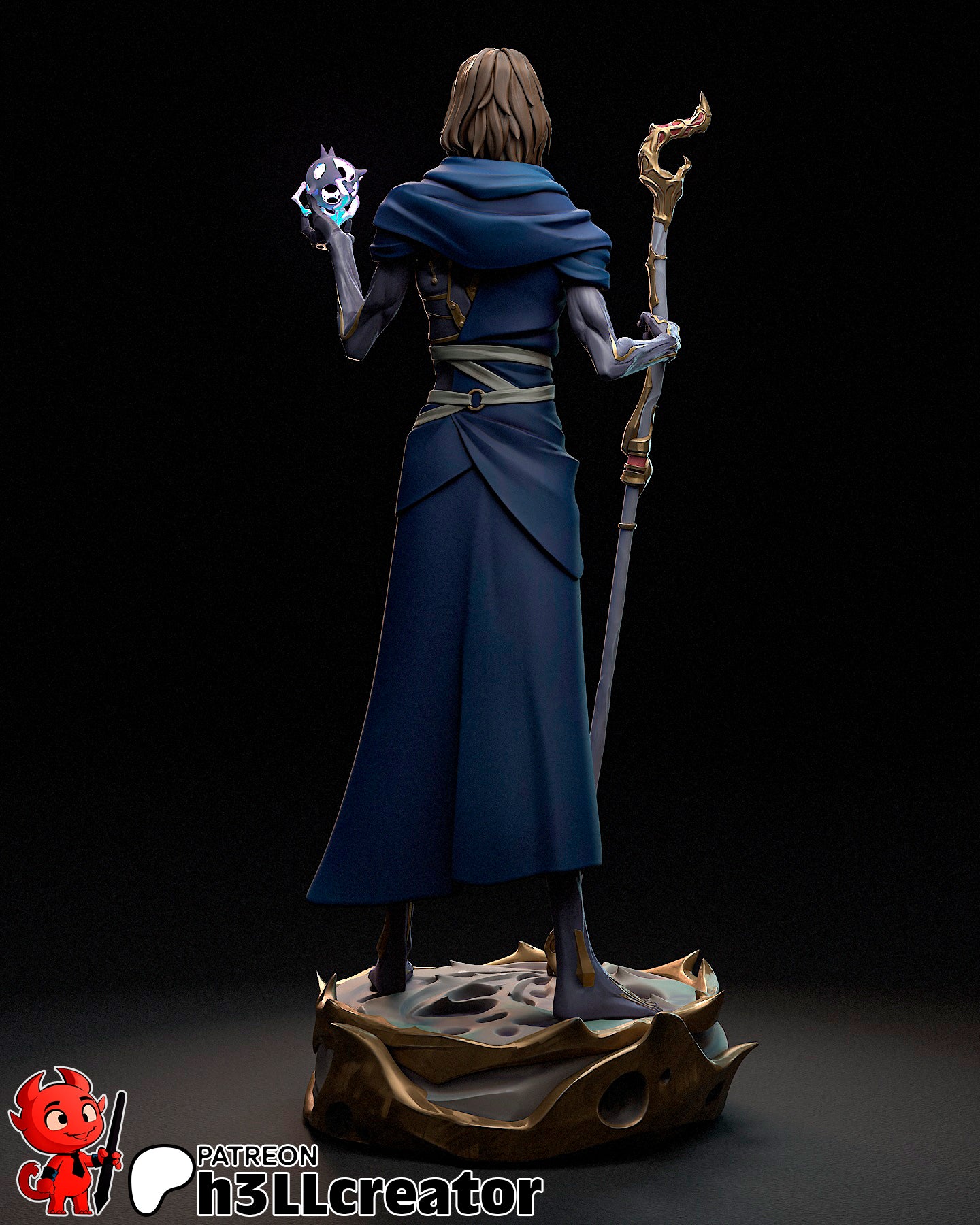 Rear view of Viktor in long robes, holding staff and Hextech core, standing on a stylized base with arcane patterns.