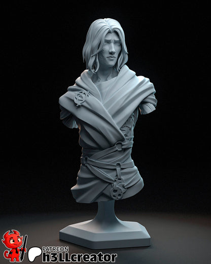 Bust version of Viktor featuring scar detail, flowing hair, and mechanical arm brace, rendered in grayscale with folded cloak.