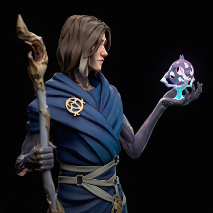1:12 scale Viktor collectible figure holding a glowing Hextech core, dressed in layered robes and cybernetic arm, with detailed staff and clasp.