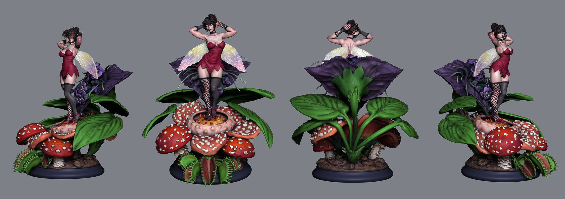 Multiple angles of the Vita Fairy miniature showcasing detailed wings, a floral base, and her elegant pose.