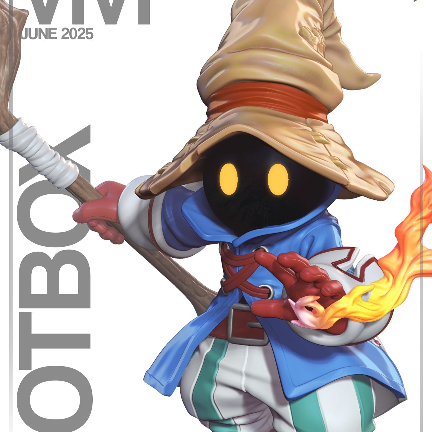 Front view of Vivi figure in full color, casting a fire spell with his left hand and gripping a staff, wearing striped pants, blue coat, and oversized wizard hat.