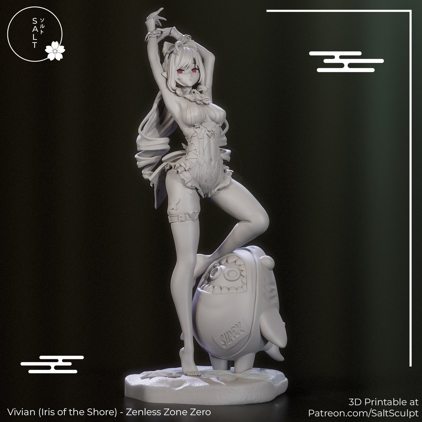 Vivian Iris of the Shore figure standing in elegant pose with arms raised, detailed swimsuit outfit, long hair, and shark companion on textured base, 1:7 scale collectible figure.