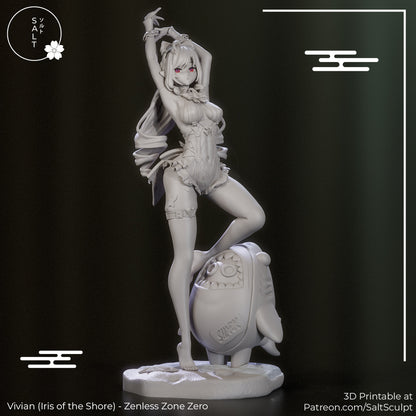 Vivian Iris of the Shore figure standing in elegant pose with arms raised, detailed swimsuit outfit, long hair, and shark companion on textured base, 1:7 scale collectible figure.
