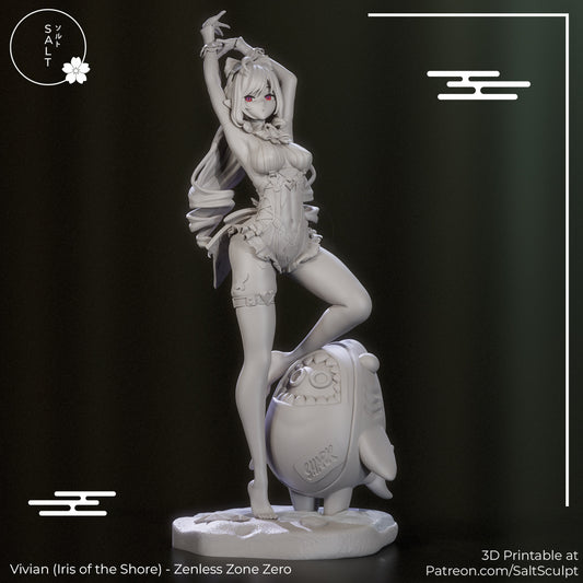 Vivian Iris of the Shore figure standing in elegant pose with arms raised, detailed swimsuit outfit, long hair, and shark companion on textured base, 1:7 scale collectible figure.