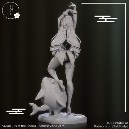 Vivian Iris of the Shore figure back view showing long flowing hair, tied ribbons, swimsuit detailing, raised arms pose, and shark companion beside textured base, 1:7 scale collectible.