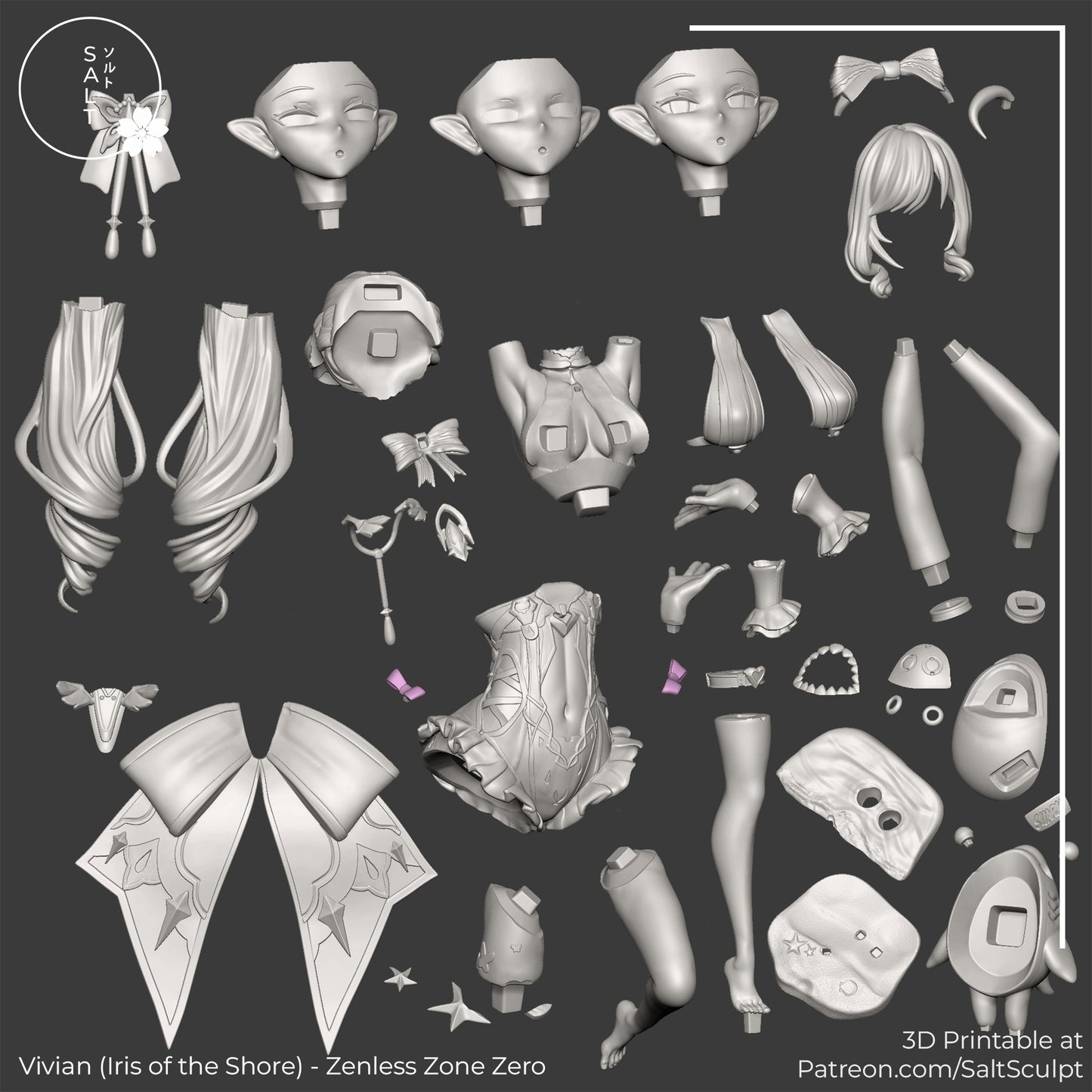 Vivian Iris of the Shore figure cut pieces layout showing head options, hair sections, torso, limbs, accessories, and shark companion parts for assembly, 1:7 scale collectible.
