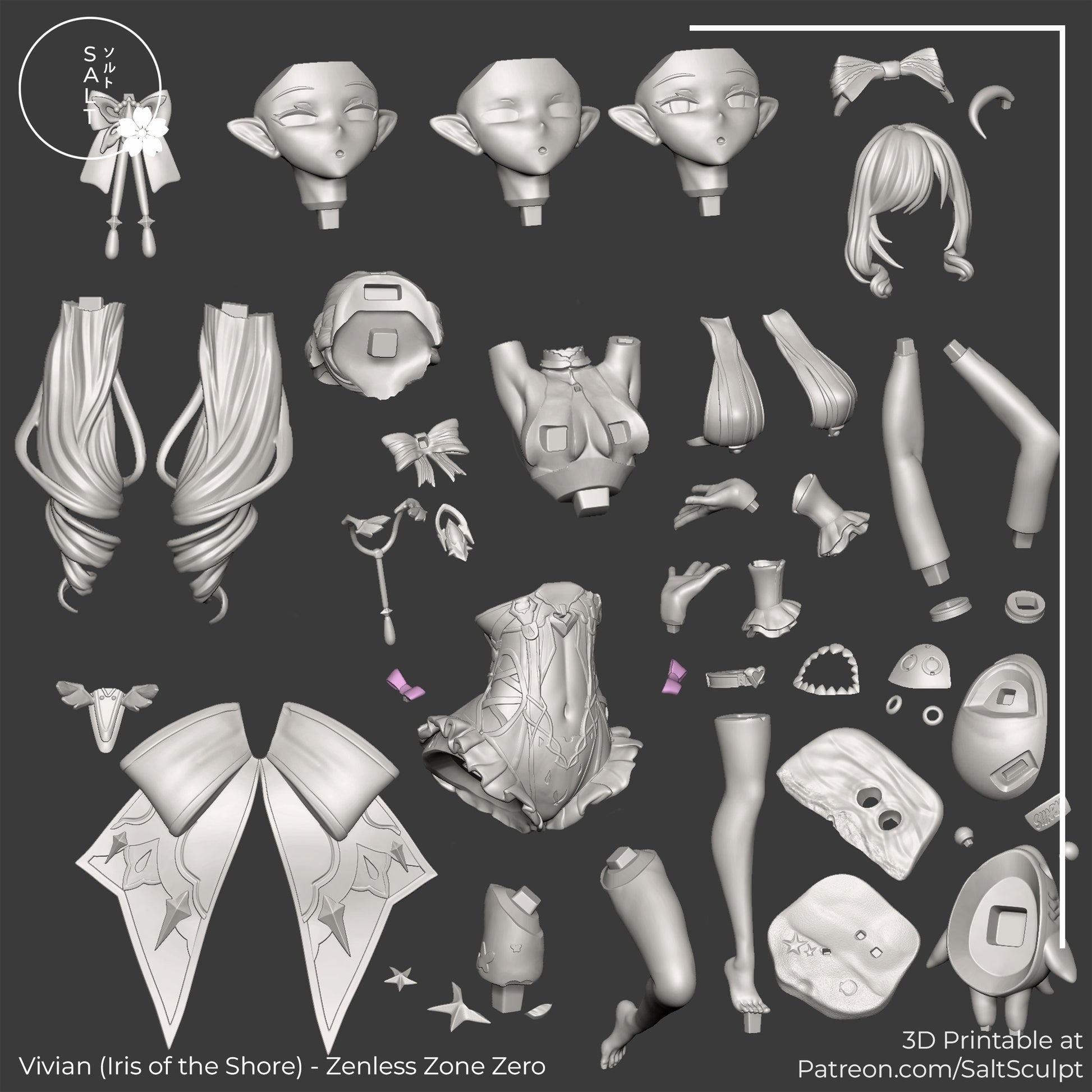 Vivian Iris of the Shore figure cut pieces layout showing head options, hair sections, torso, limbs, accessories, and shark companion parts for assembly, 1:7 scale collectible.
