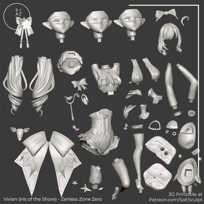 Vivian Iris of the Shore figure cut pieces layout showing head options, hair sections, torso, limbs, accessories, and shark companion parts for assembly, 1:7 scale collectible.