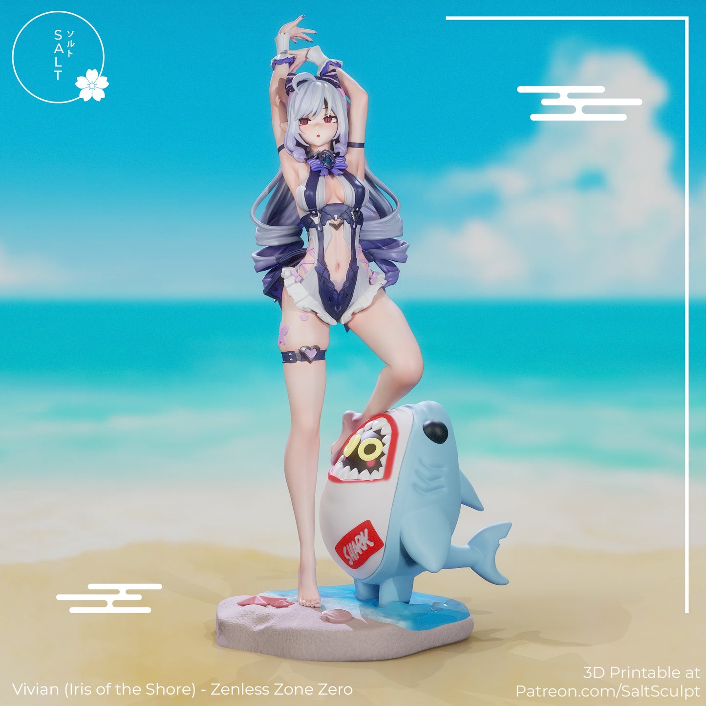 Vivian Iris of the Shore figure fully assembled in arms-raised pose with detailed outfit, long hair, shark companion, and beach-themed base, Zenless Zone Zero 1:7 collectible figure.