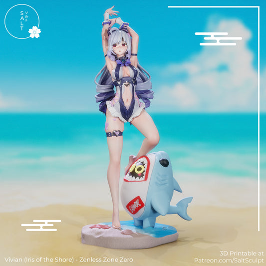 Vivian Iris of the Shore figure fully assembled in arms-raised pose with detailed outfit, long hair, shark companion, and beach-themed base, Zenless Zone Zero 1:7 collectible figure.