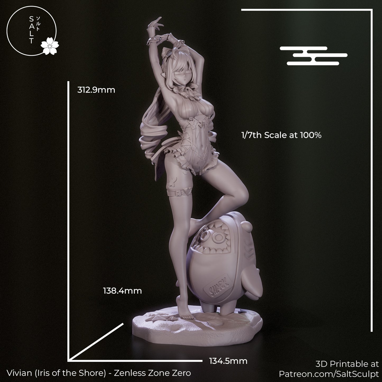 Vivian Iris of the Shore figure with labeled height width and length measurements, arms-raised pose, swimsuit detailing, and shark companion on base, 1:7 scale collectible figure.