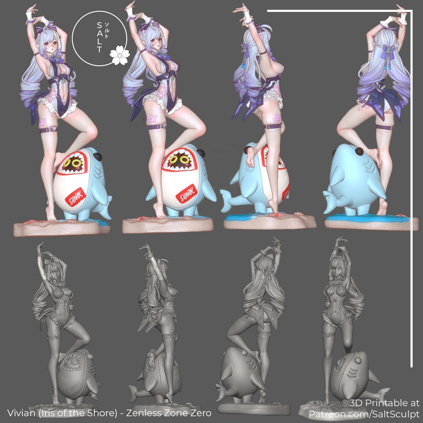 Vivian Iris of the Shore figure multiple angles showing swimsuit details, long hair, shark companion, and raised-arm pose on textured base, Zenless Zone Zero 1:7 scale figure.